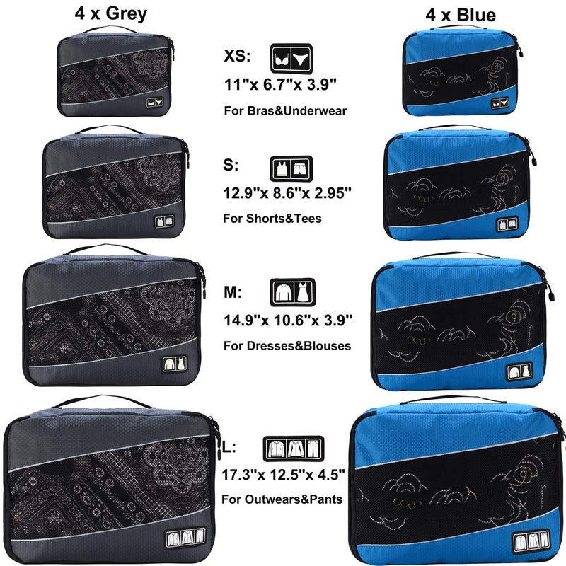Idesort 8 Set Packing Cubes, Travel Luggage Bags Organizers Mixed Color Set (Grey Blue) - Image 2
